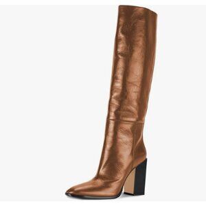 FSJ Brown Knee High Stretch Long Boots Round Toe Chunky Heel Pull On Party Shoes